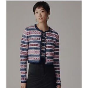 J.Crew Fair Isle Cardigan Wool - Navy, Red Sz L, Fits Like M Possible Shrinkage